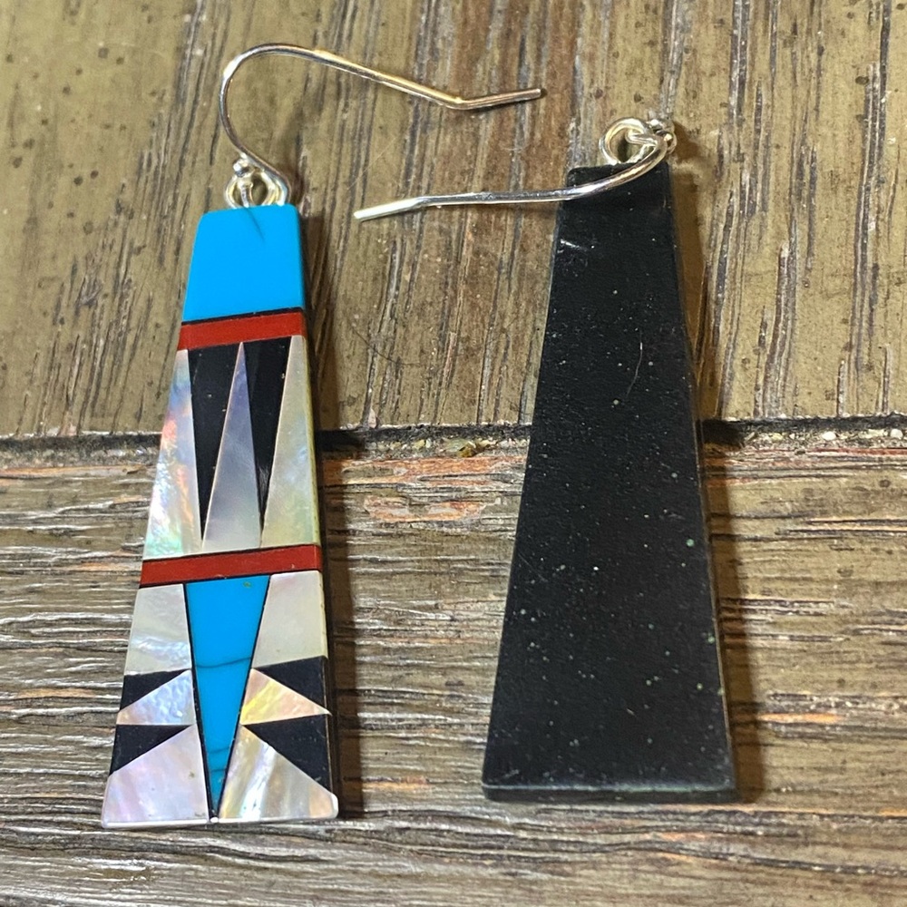 Southwest Turquoise, Onyx and MOP Earrings with 925 Sterling Silver - Picture 2 of 3
